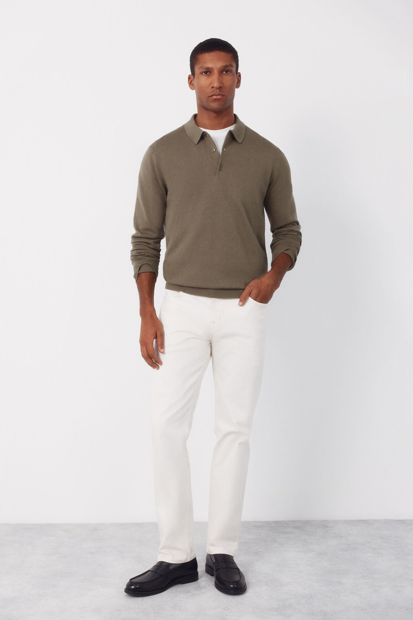 Cortefiel Long sleeve sleeve cotton polo shirt jersey Kaki