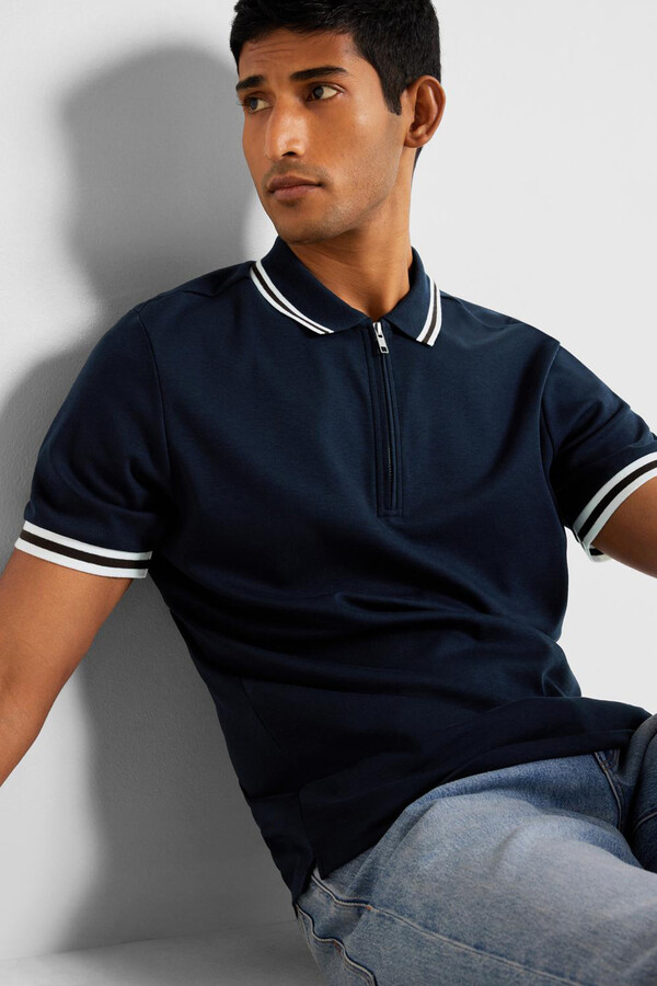 Cortefiel Short-sleeved polo shirt with zip fastening made with recycled cotton Grey