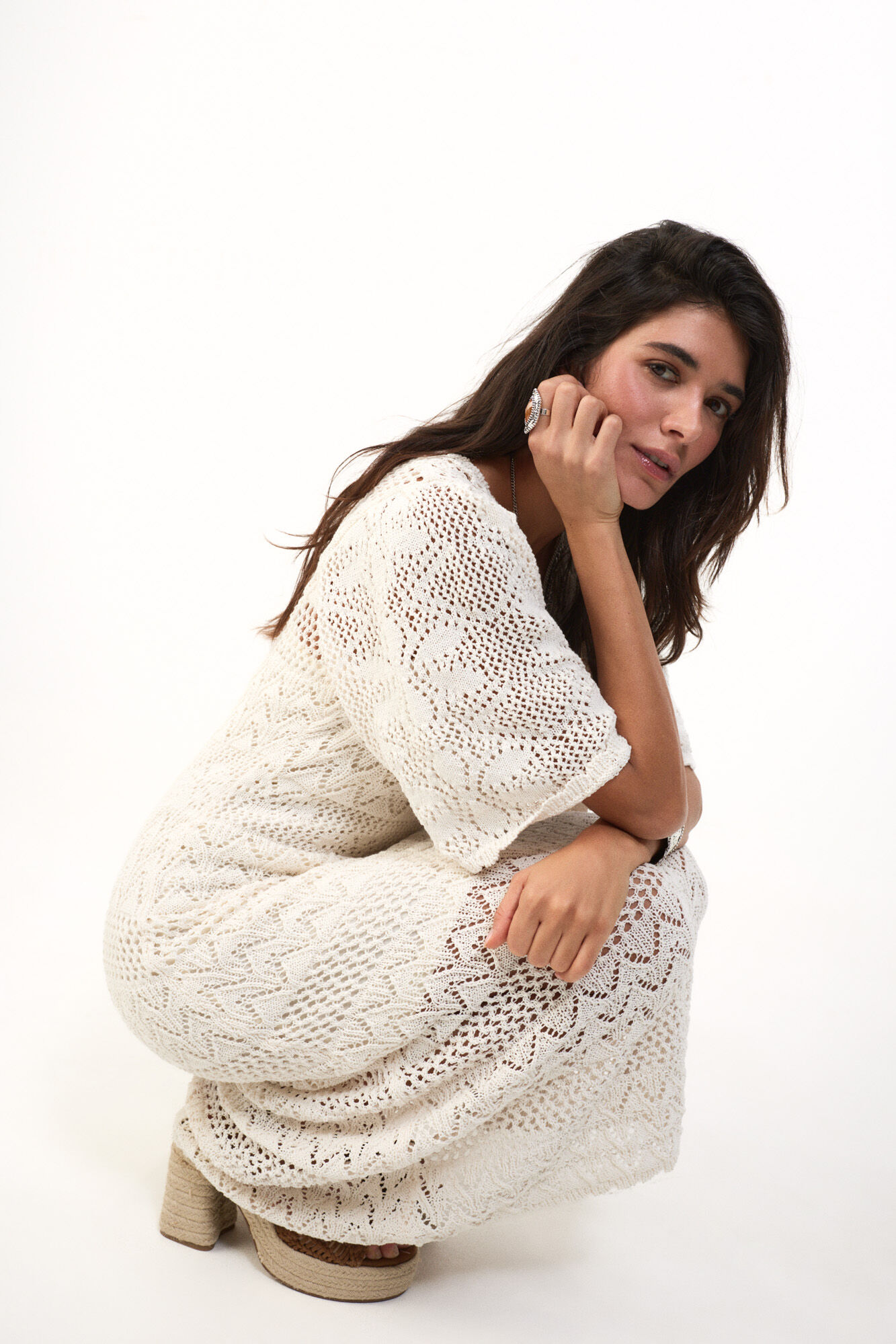 Slowlove Vestido punto calado Ecru