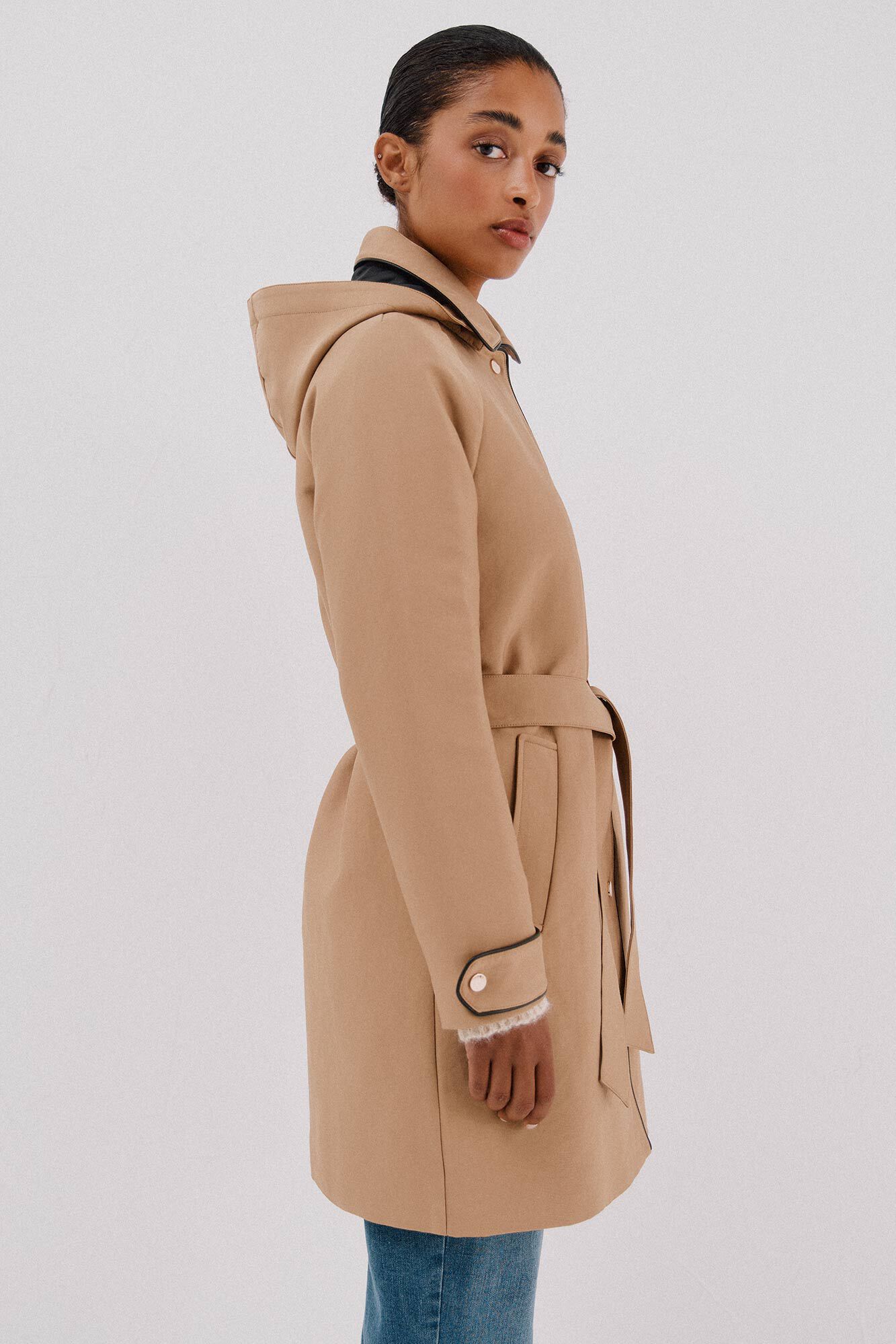 Cortefiel Gabardina acetinada capuz desmont&aacute;vel Castanho