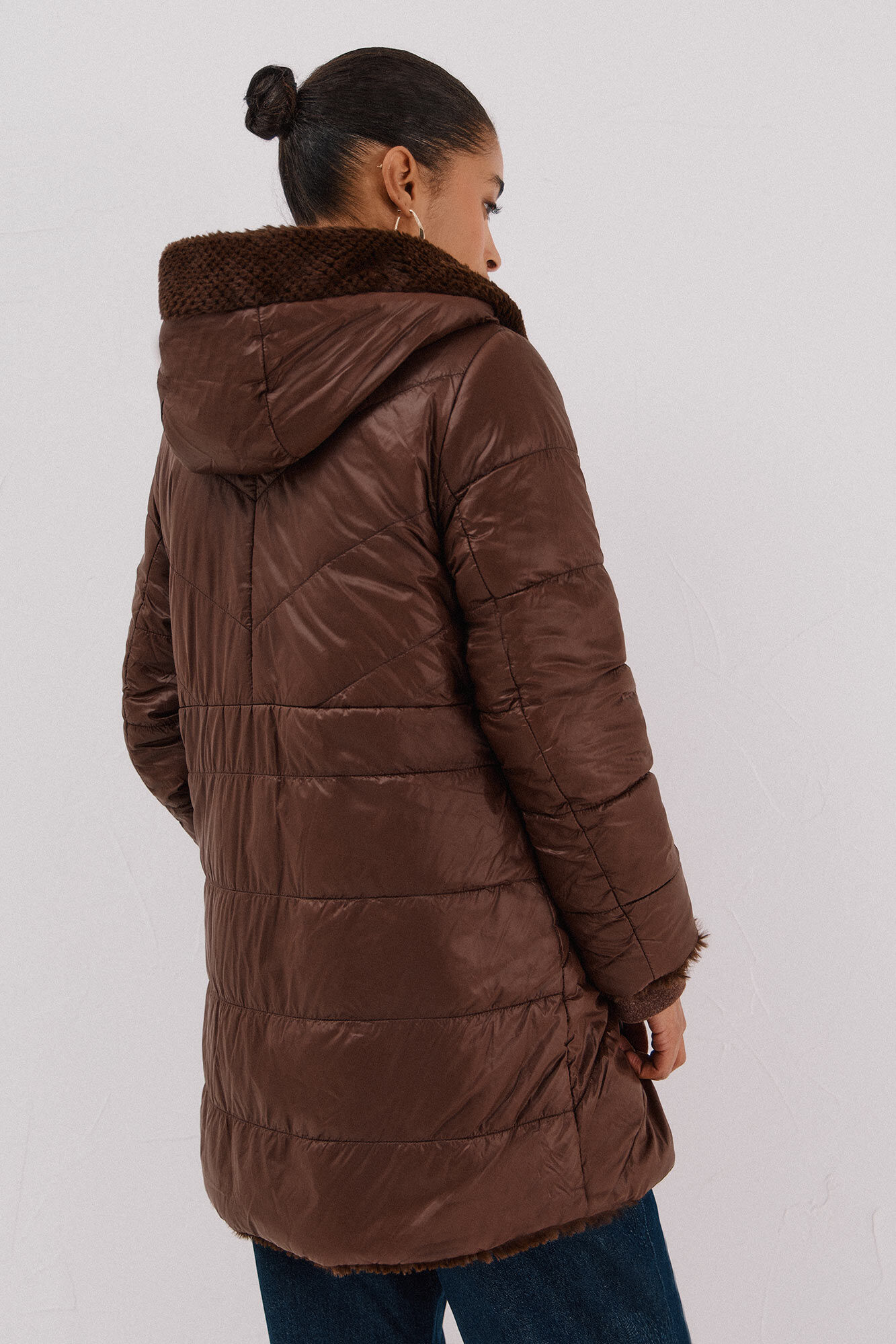 Cortefiel Long reversible faux fur coat Dark brown