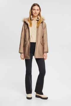 Cortefiel Single-colour parka with hood and belt Nude