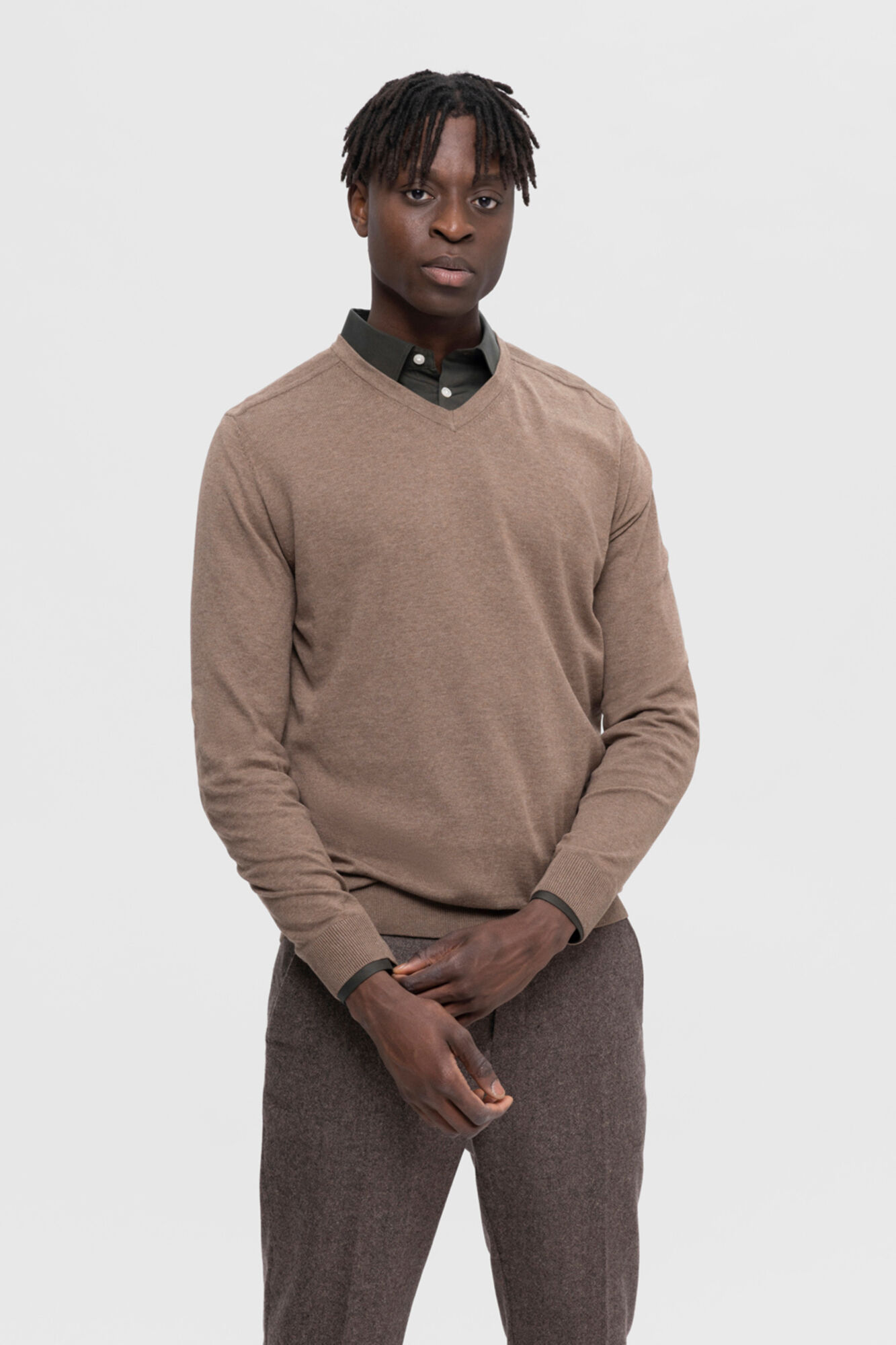 Selected Jersey con cuello de pico 100% algod&oacute;n Marr&oacute;n