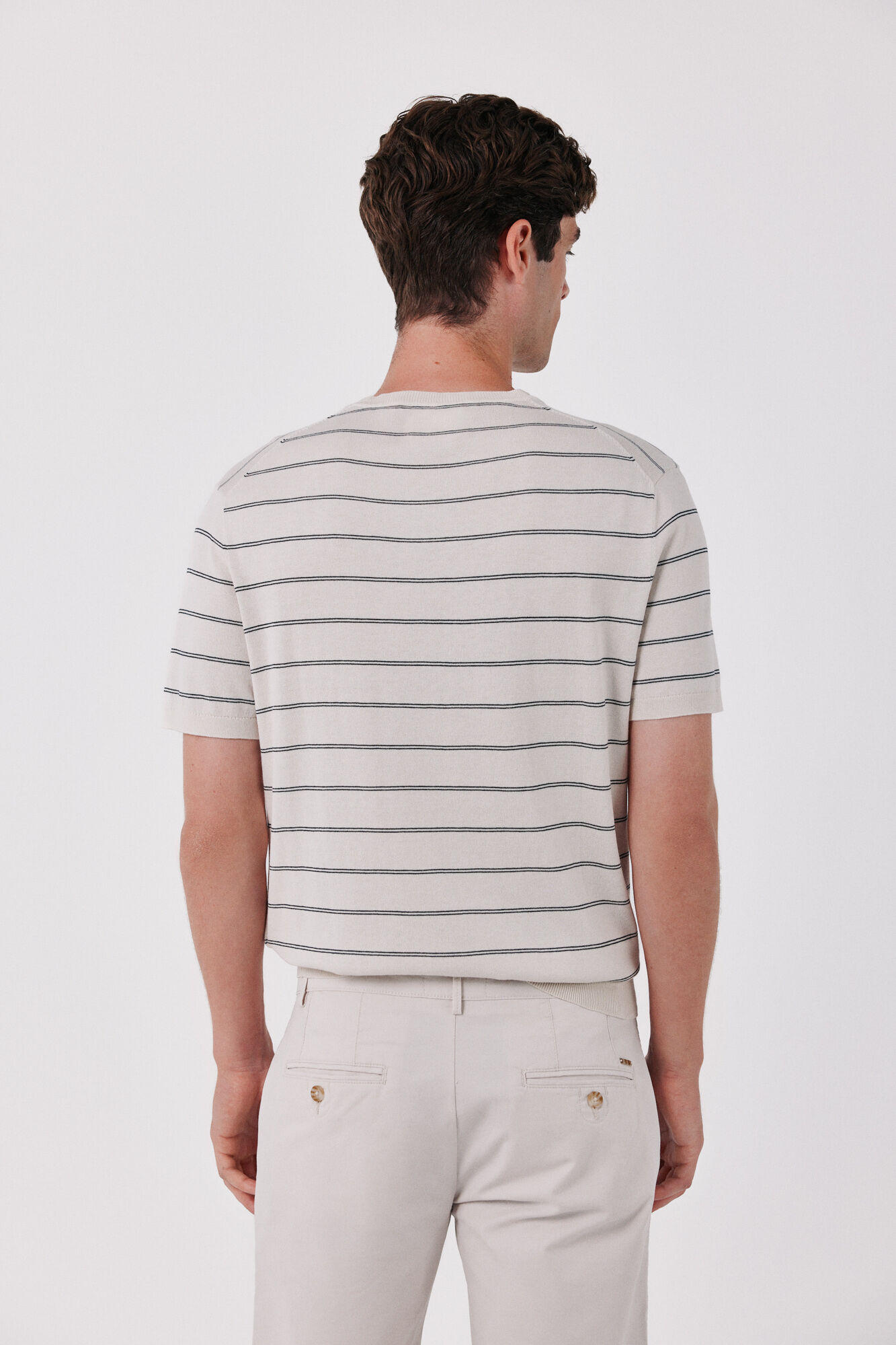 Cortefiel Striped cotton short sleeve jersey-knit T-shirt Ivory
