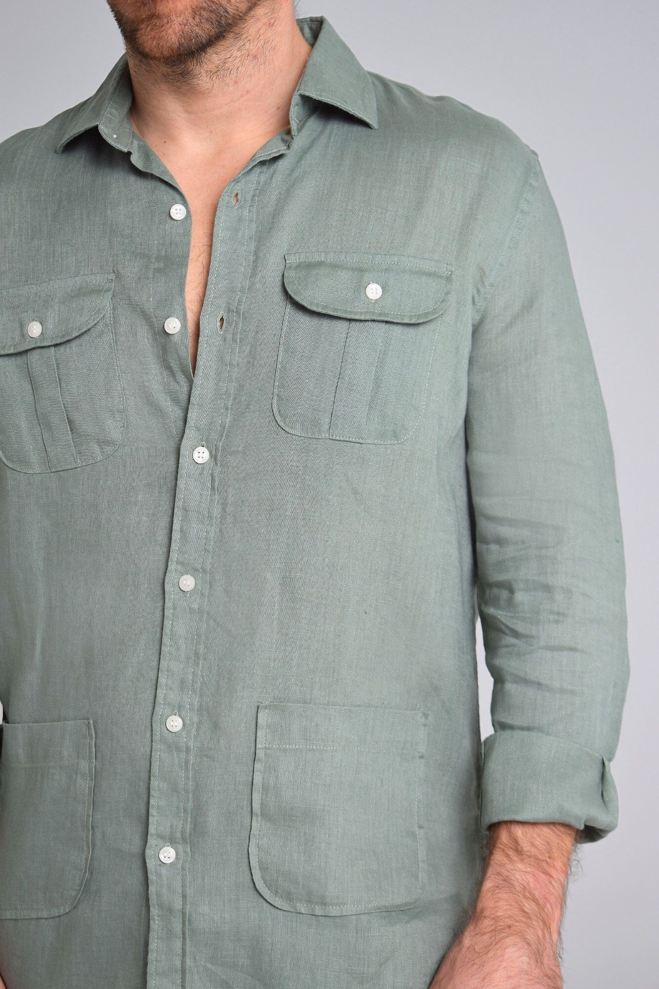 Cloking 100% linen Guayabera shirt Green