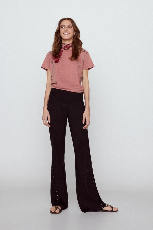 Cortefiel Studded suede trousers Black