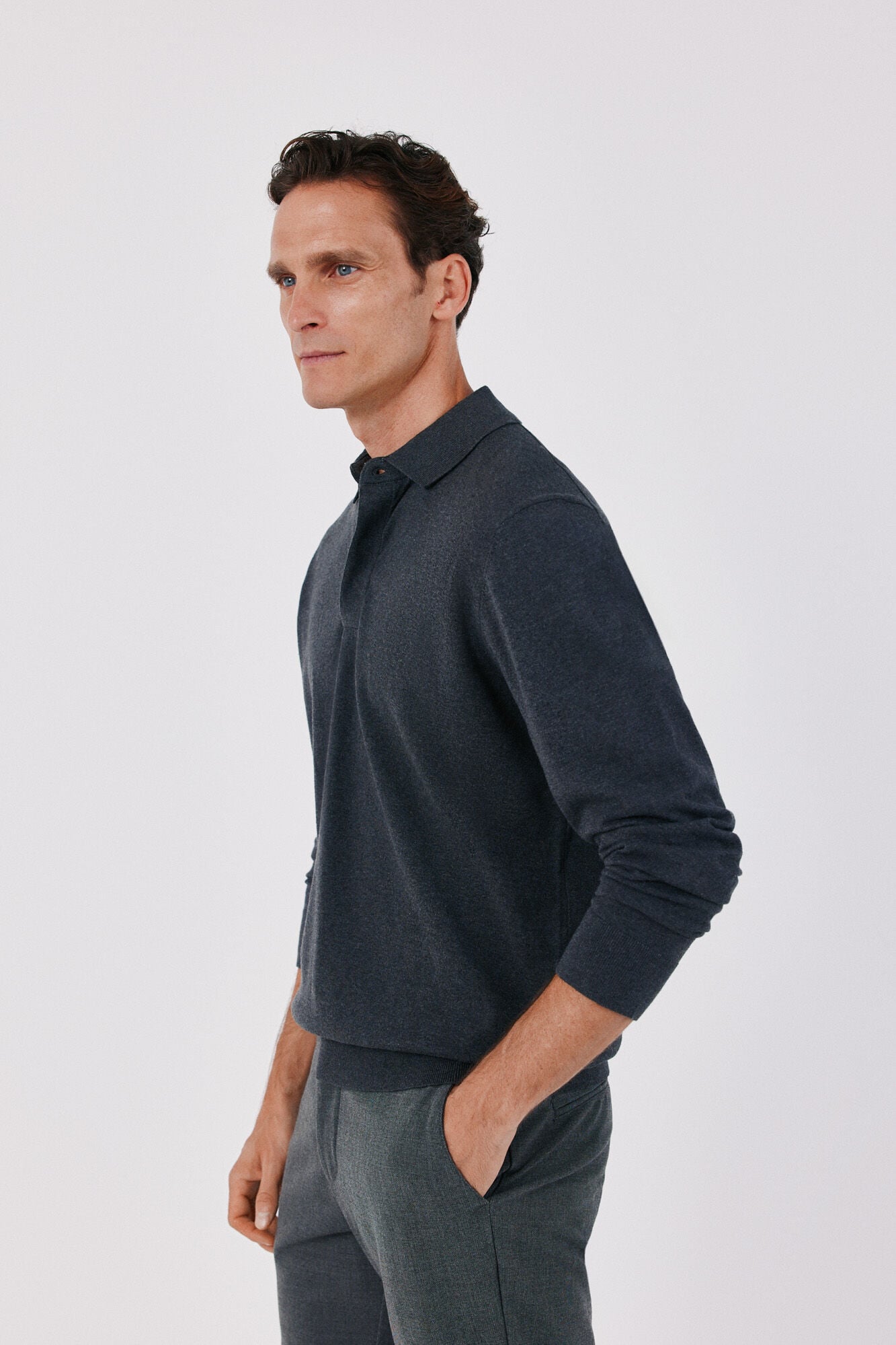 Cortefiel Basic fine knit polo neck jumper Navy