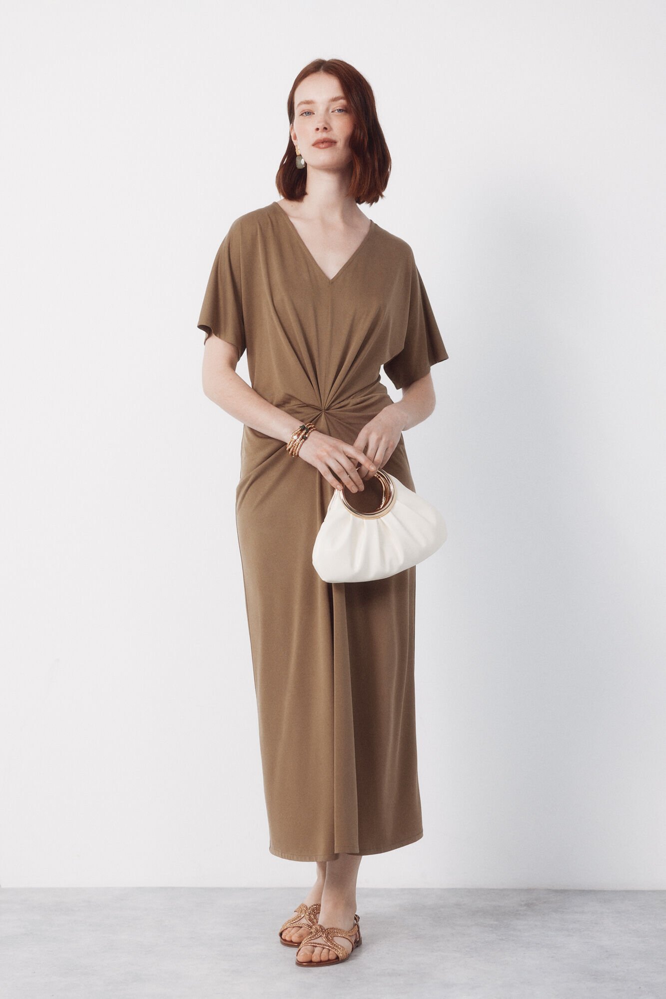 Cortefiel Long knotted dress Kaki