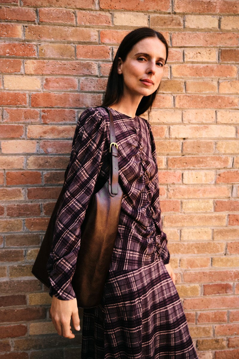 Cortefiel Vestido estampado cuadros frunces