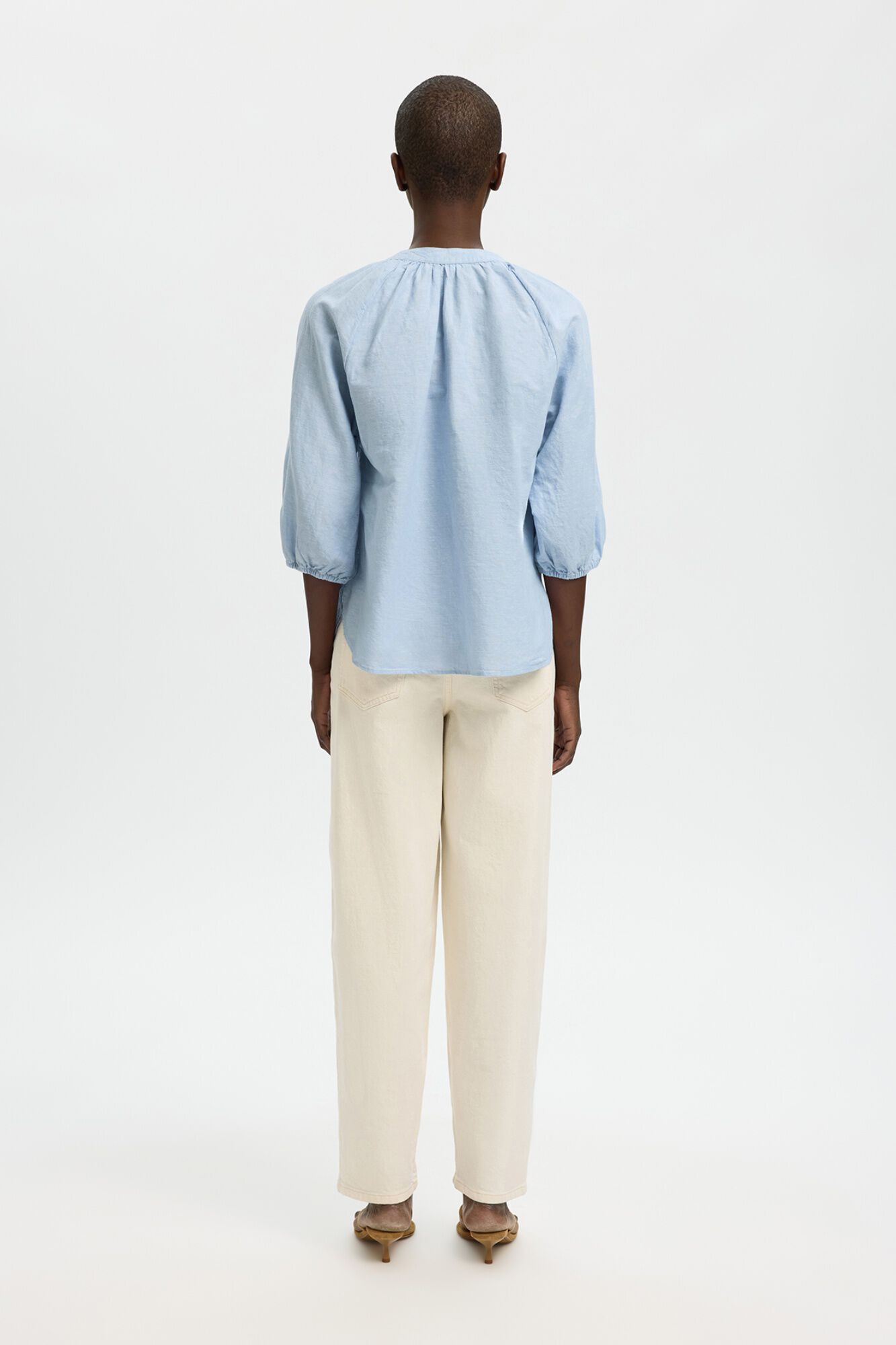 Selected Linen 3/4 sleeve blouse Blue