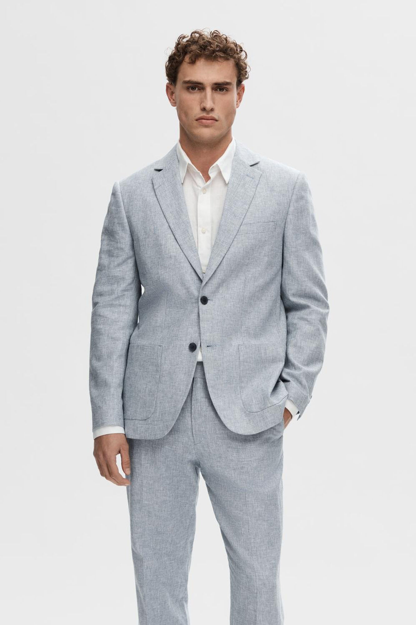 Selected Americana de traje confeccionada con lino y algod&oacute;n. Azul