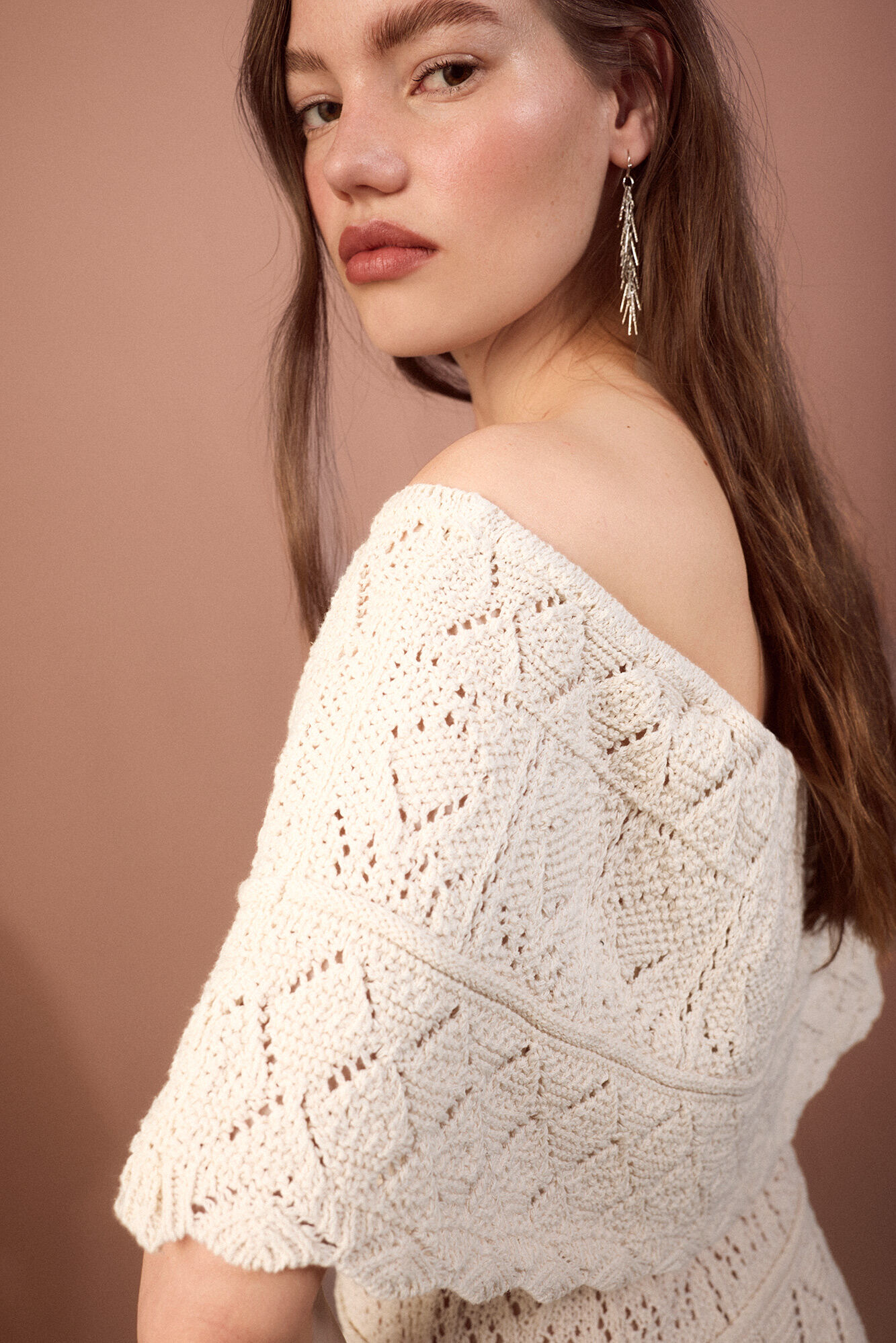 Slowlove Vestido decote rendado com folho Ecru