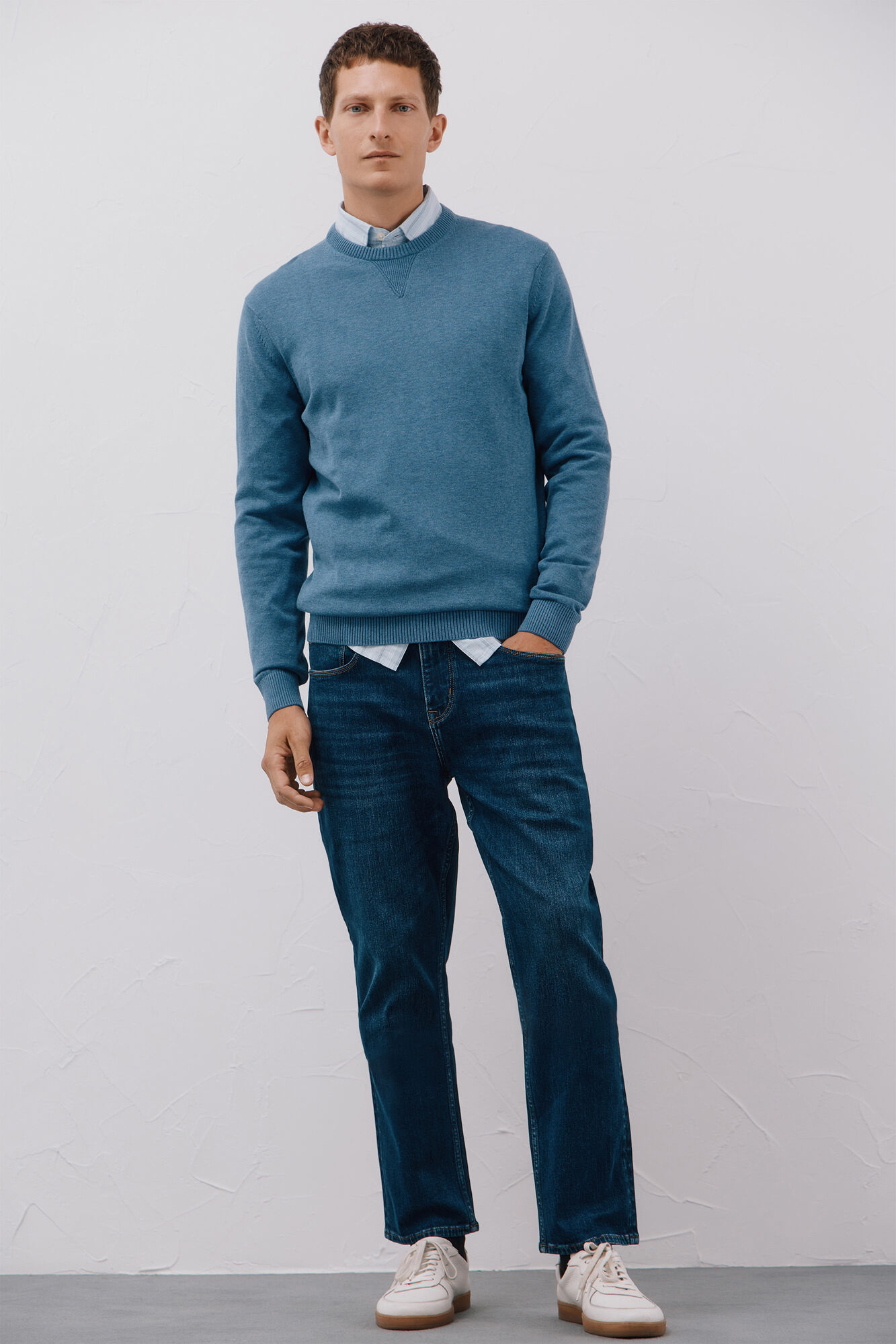Cortefiel Fine knit cotton round neck jersey-knit  Blue