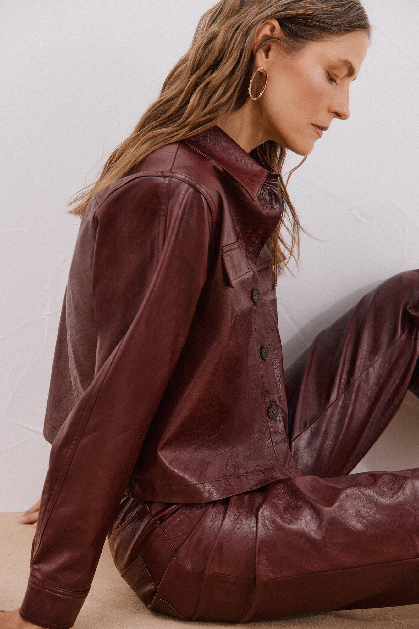 Cortefiel Faux leather shirt Maroon