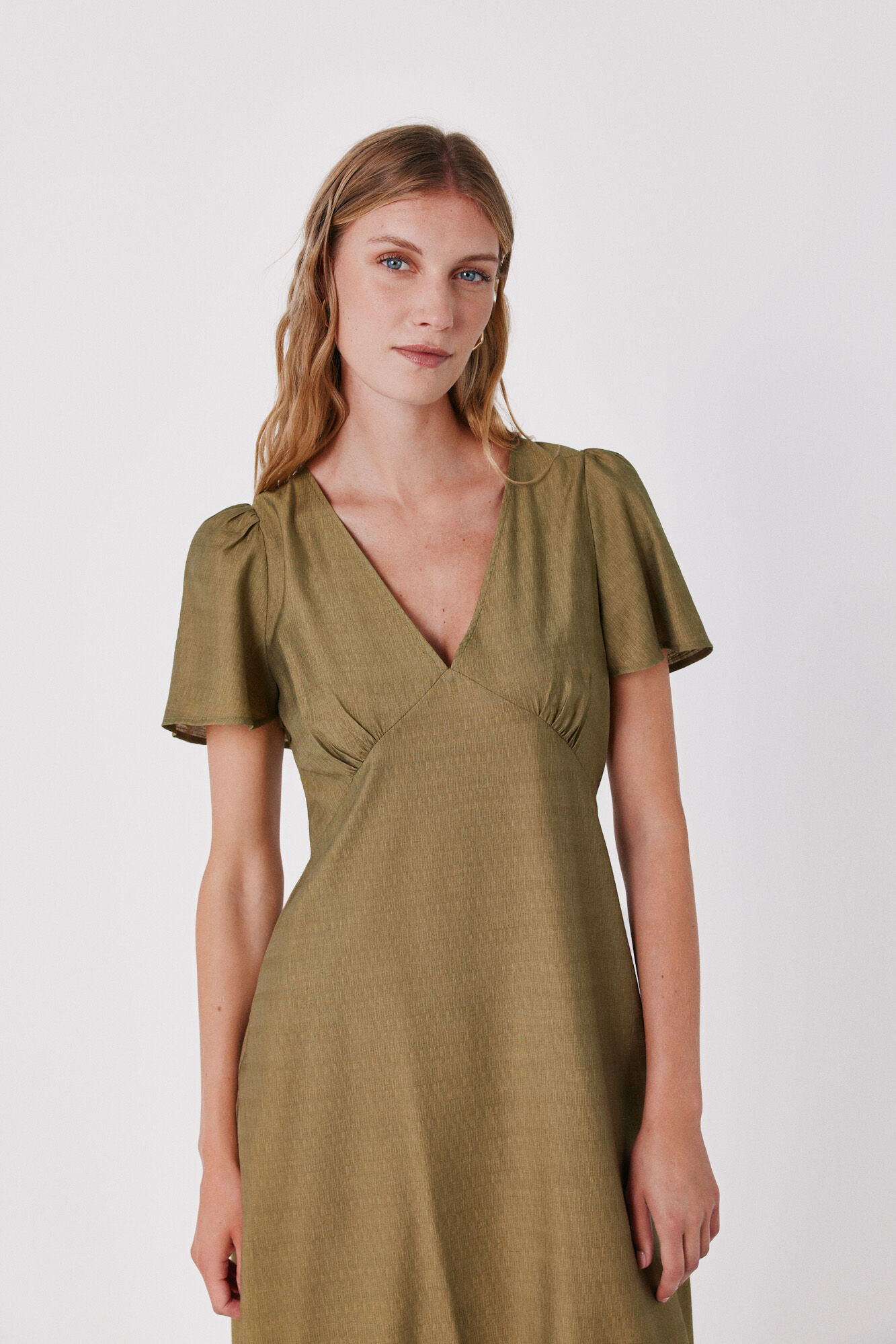 Cortefiel V-neck flutter sleeve dress Green
