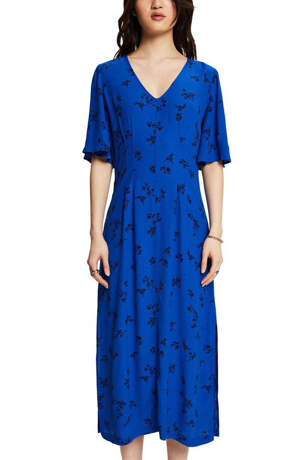 Cortefiel Vestido midi de viscose com estampado floral Azul