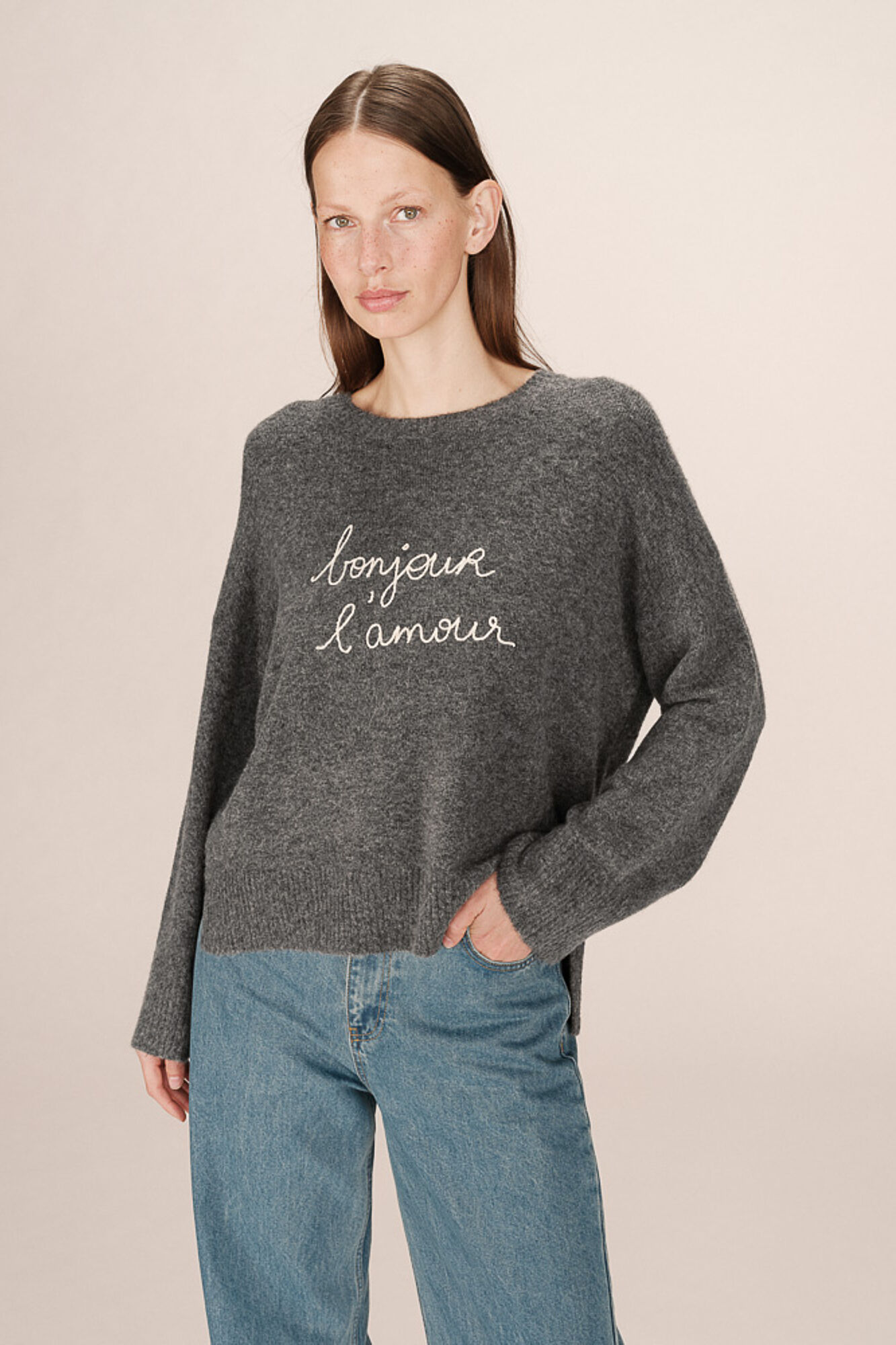 Grace & Mila long sleeve oversized jumper with embroidered message  Grey