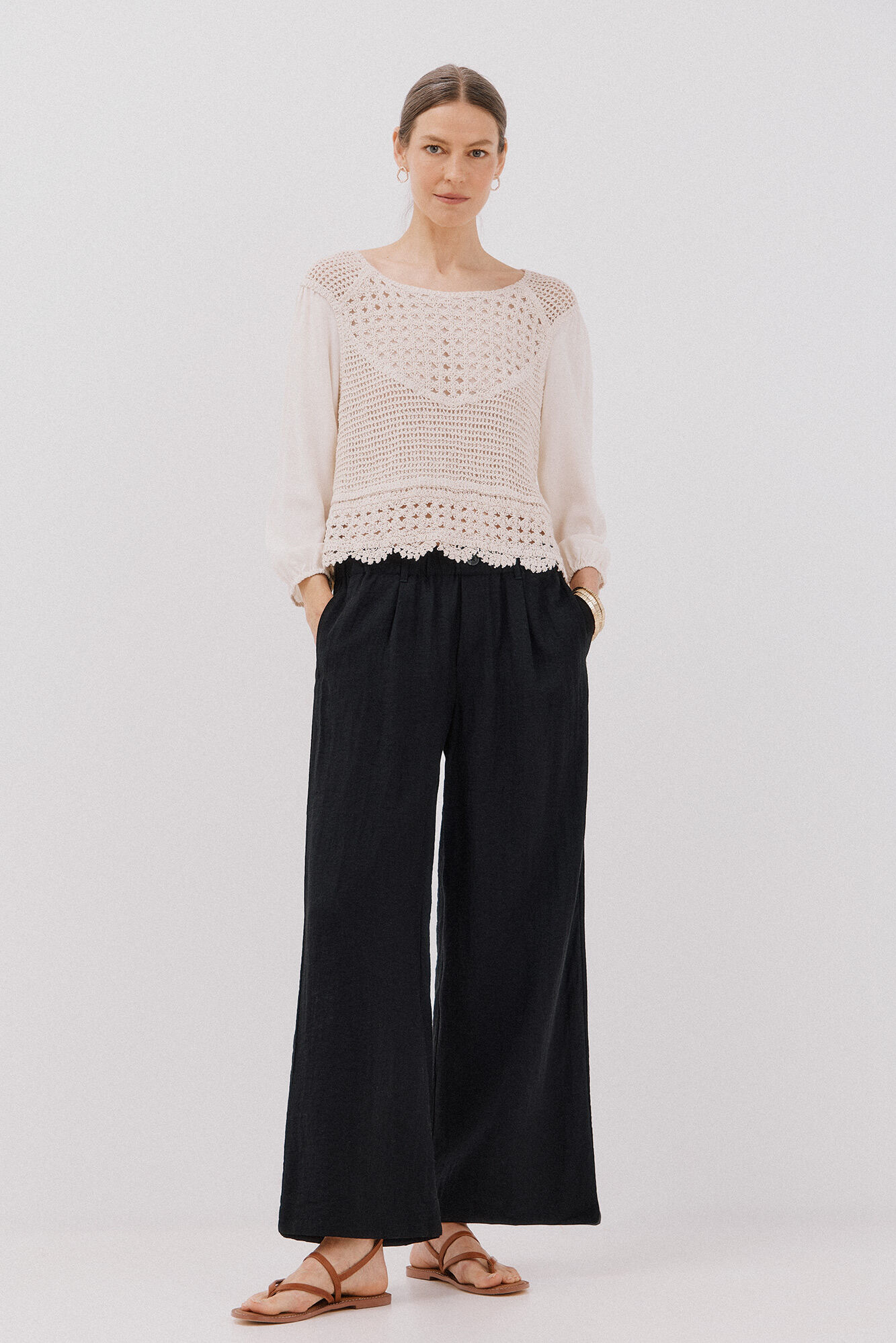 Cortefiel Blusa combinada crochet Blanco