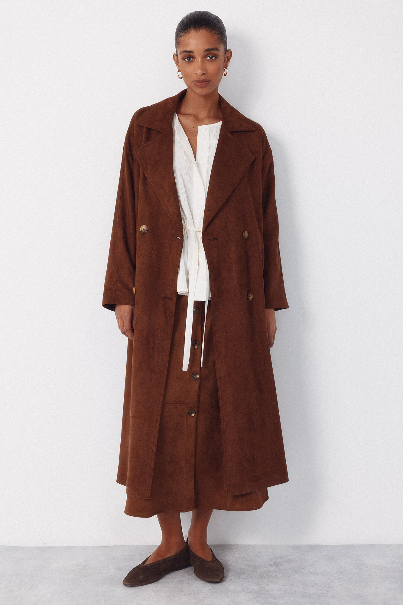 Cortefiel Flared suede skirt Dark brown