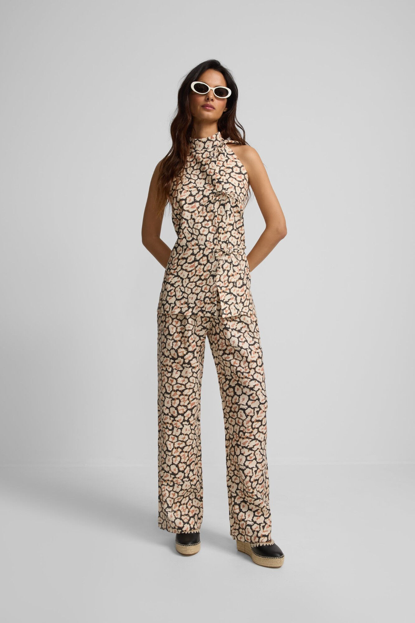 Silbon Cal&ccedil;as de linho com pregas animal estampado