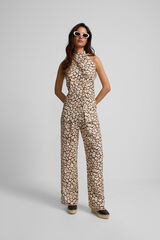 Silbon Cal&ccedil;as de linho com pregas animal estampado Castanho