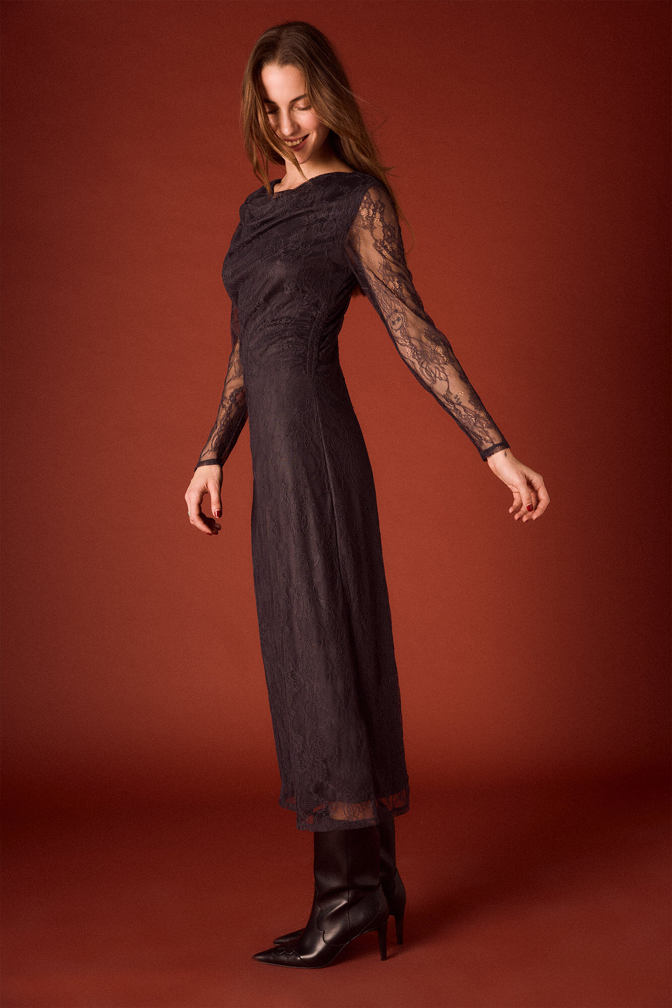 Slowlove Vestido longo de renda Cinzento