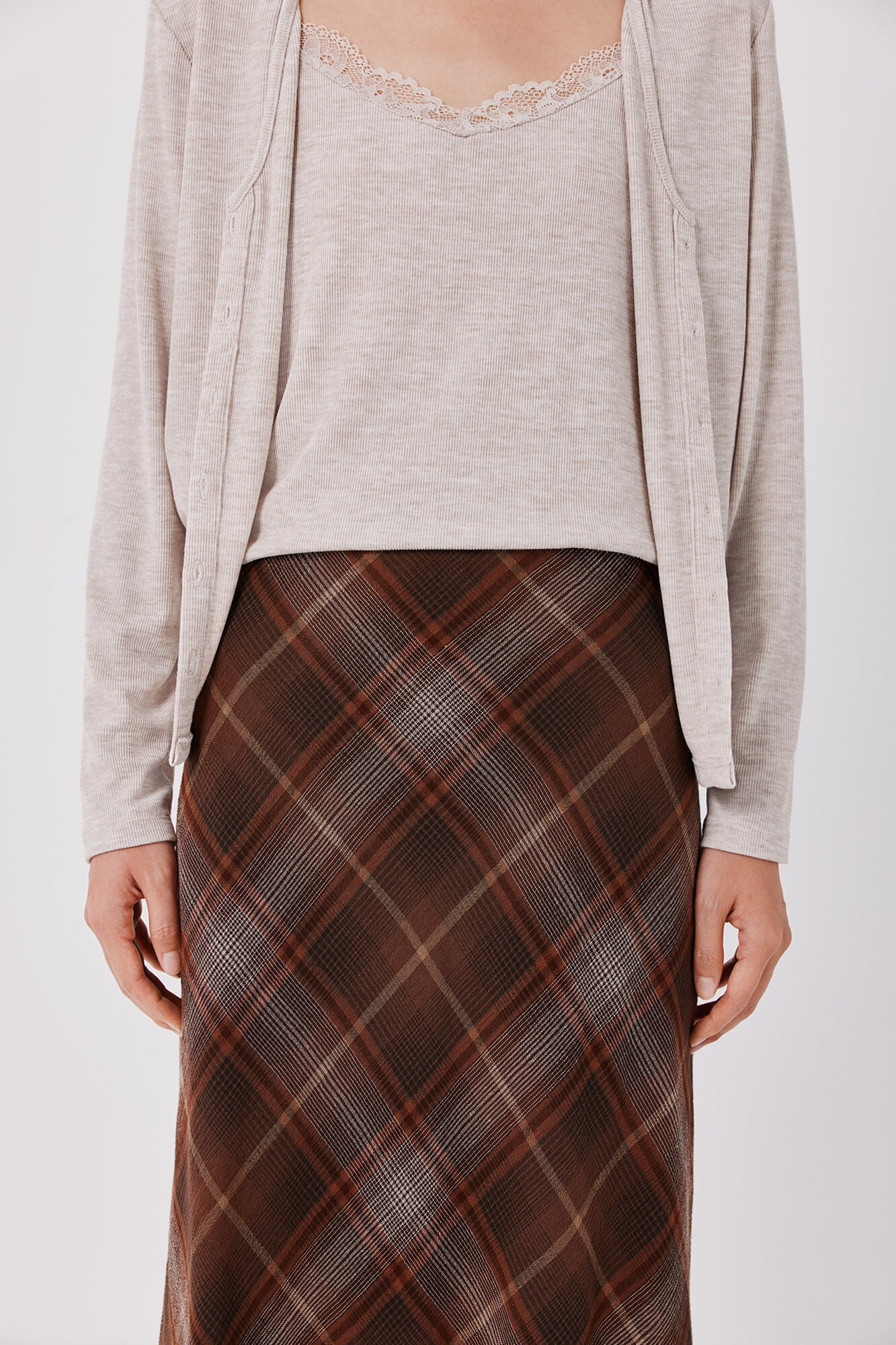 Cortefiel Plaid midi skirt Printed brown