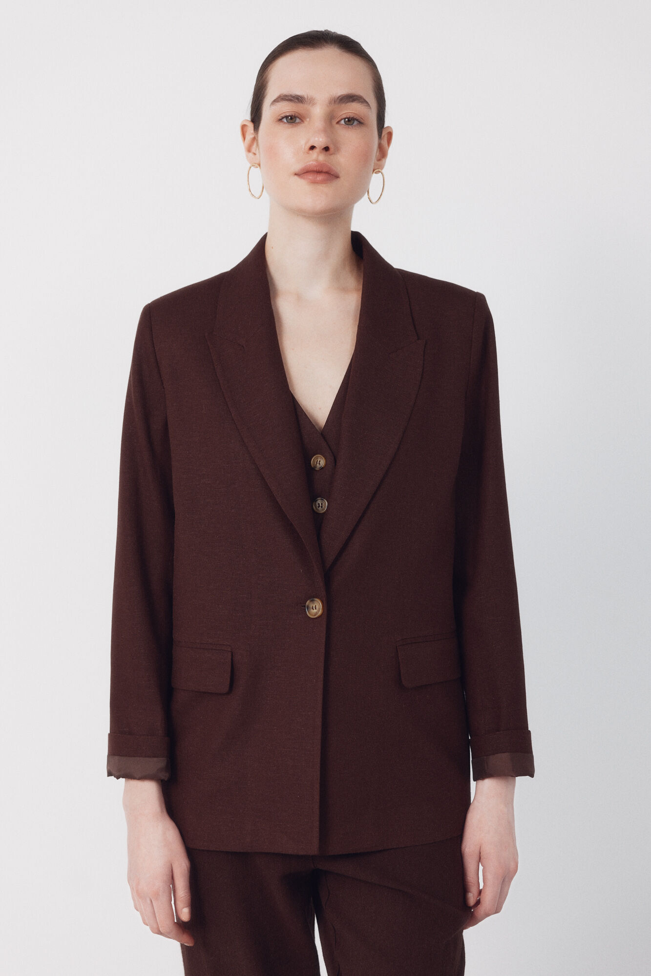 Cortefiel Blazer fabric with linen Dark brown