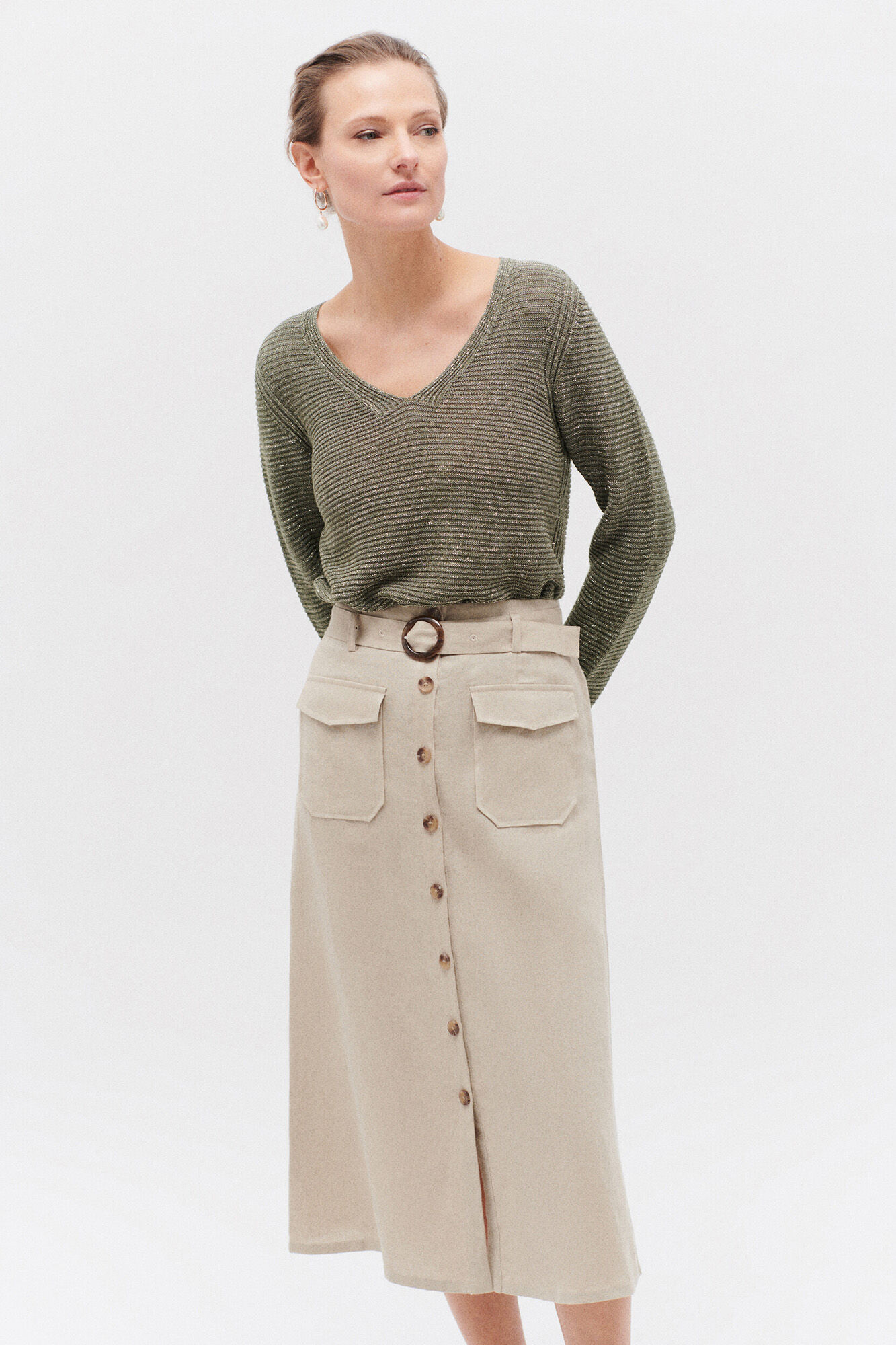 Caroll Falda larga botones 100% lino Beige