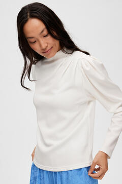 Cortefiel High neck sweatshirt with puffed sleeves made with Tencel. White