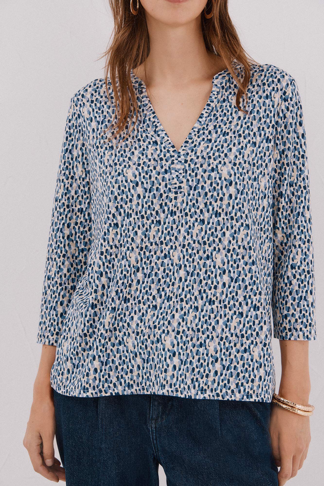 Cortefiel Basic top with mandarin collar Printed white