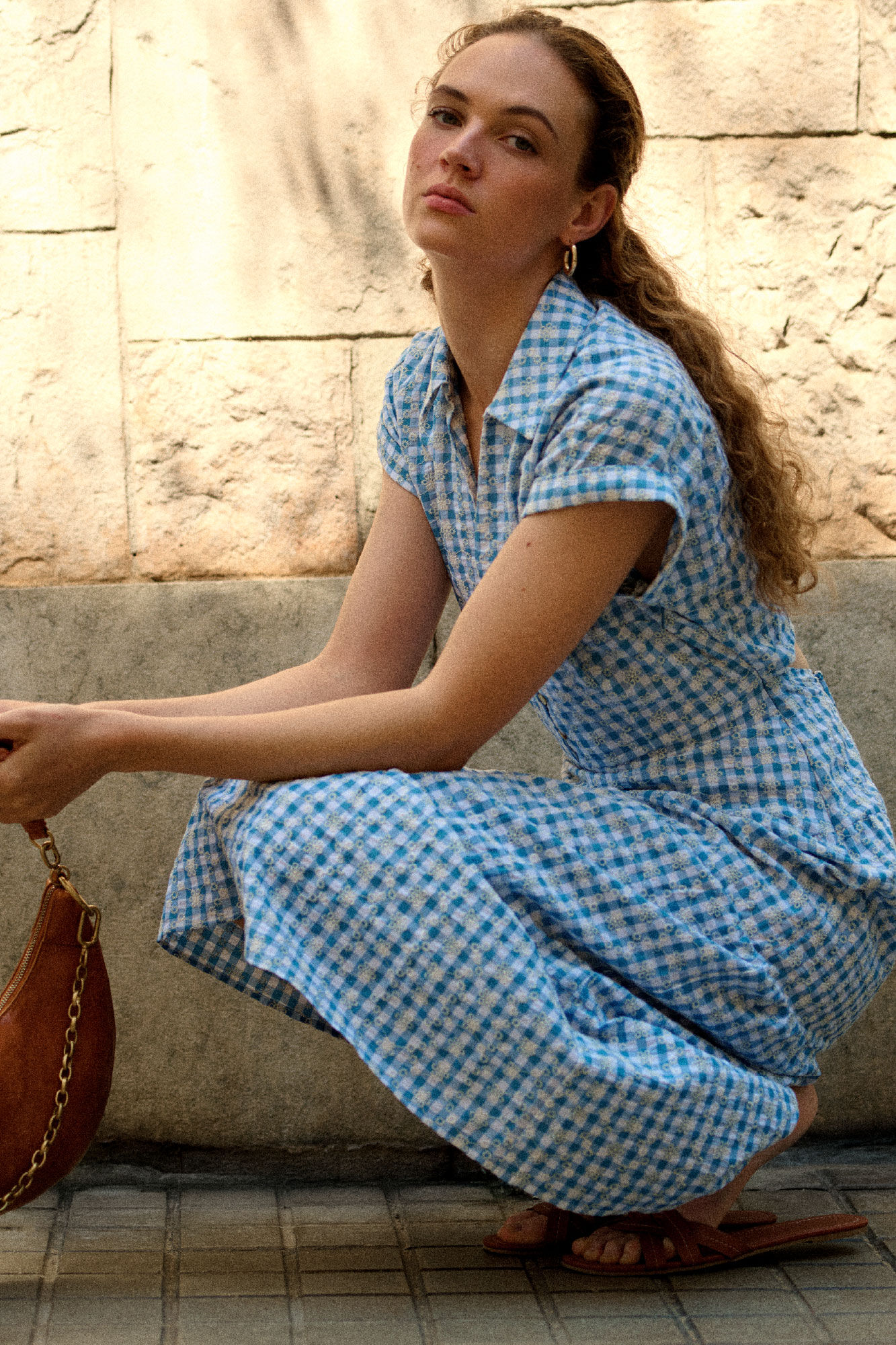 Cortefiel embroidered gingham dress