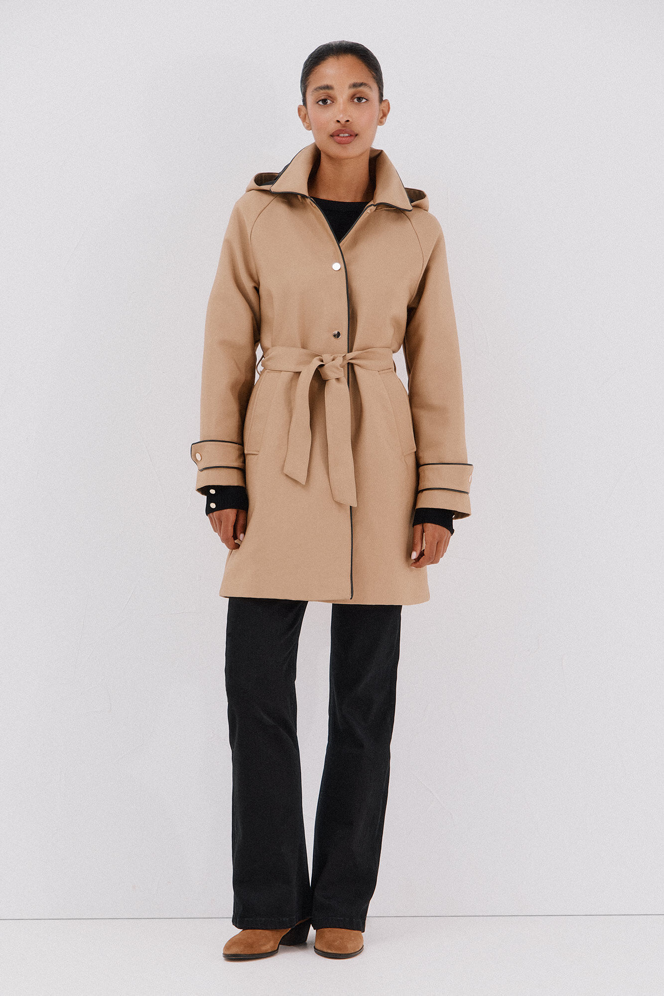 Cortefiel Gabardina satinada capucha desmontable Beige