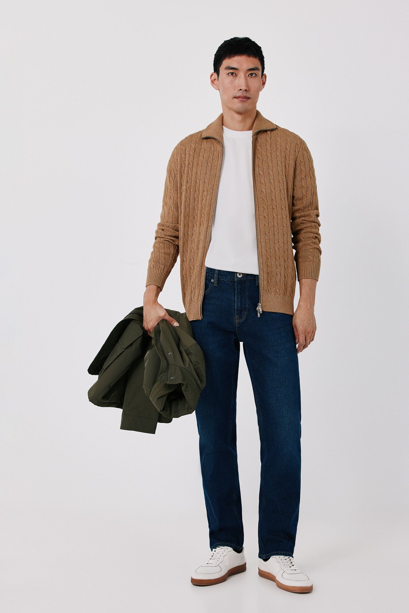Cortefiel Cotton braided knit zip fastening cardigan