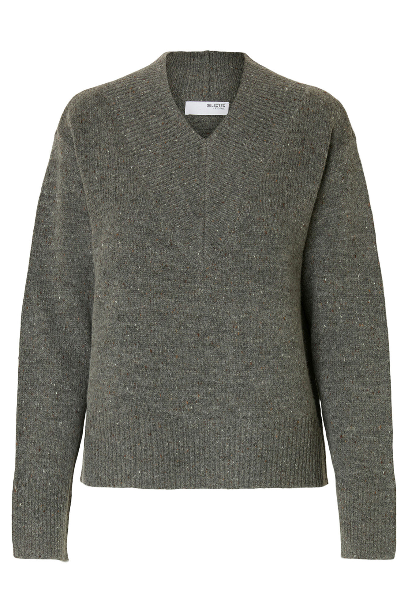 Selected Camisola de l&atilde; com gola em V.  Cinzento