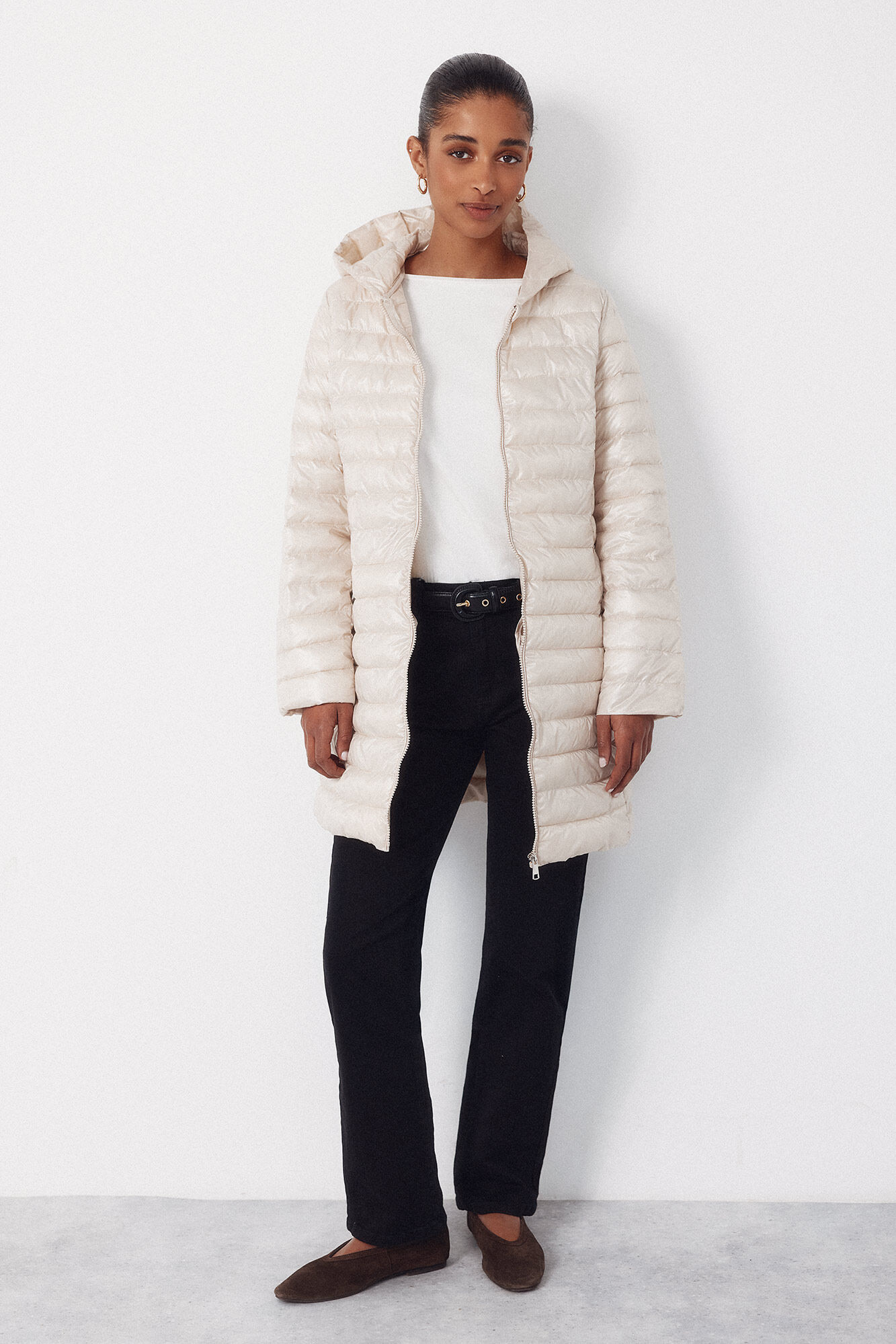 Cortefiel Long quilted coat Ivory