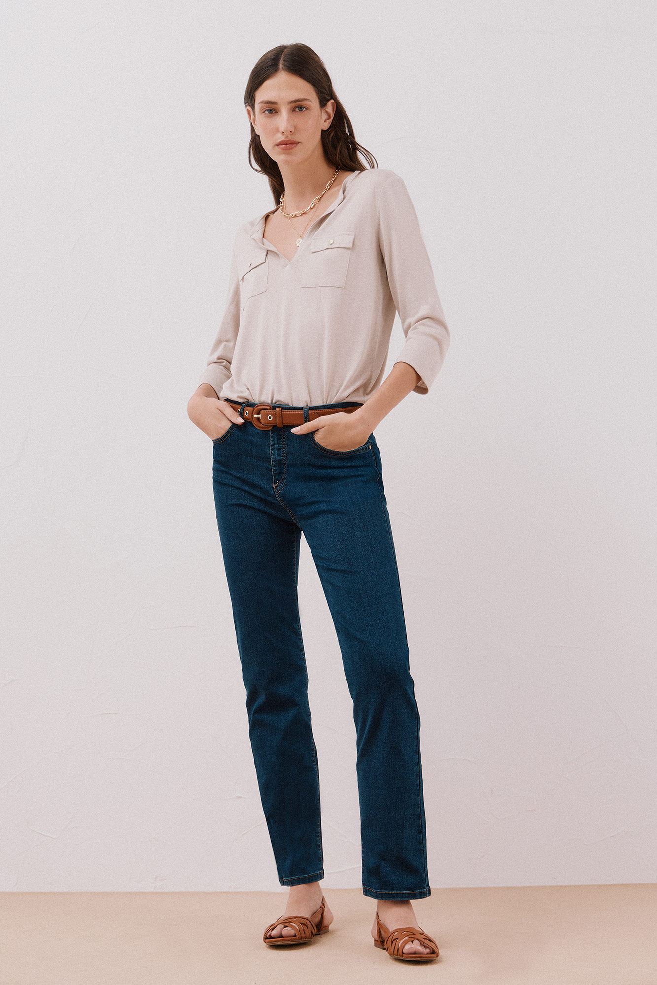 Cortefiel linen effect mandarin collar T-shirt Beige