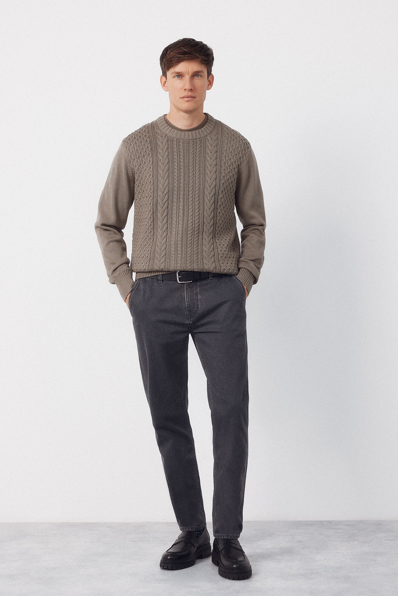 Cortefiel Cable knit round neck jersey-knit  Kaki