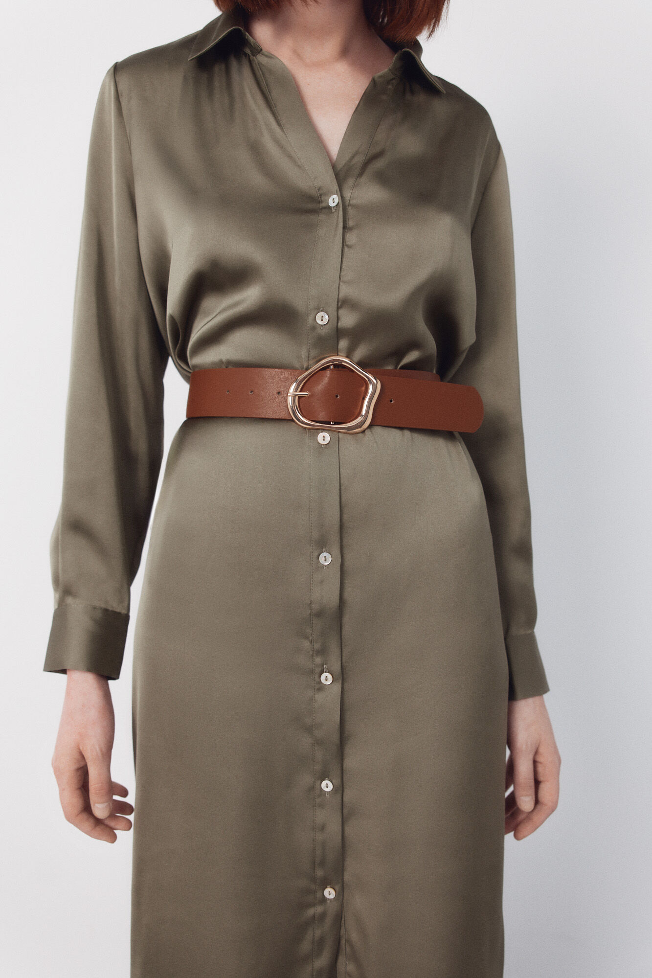Cortefiel Satin shirt dress Kaki