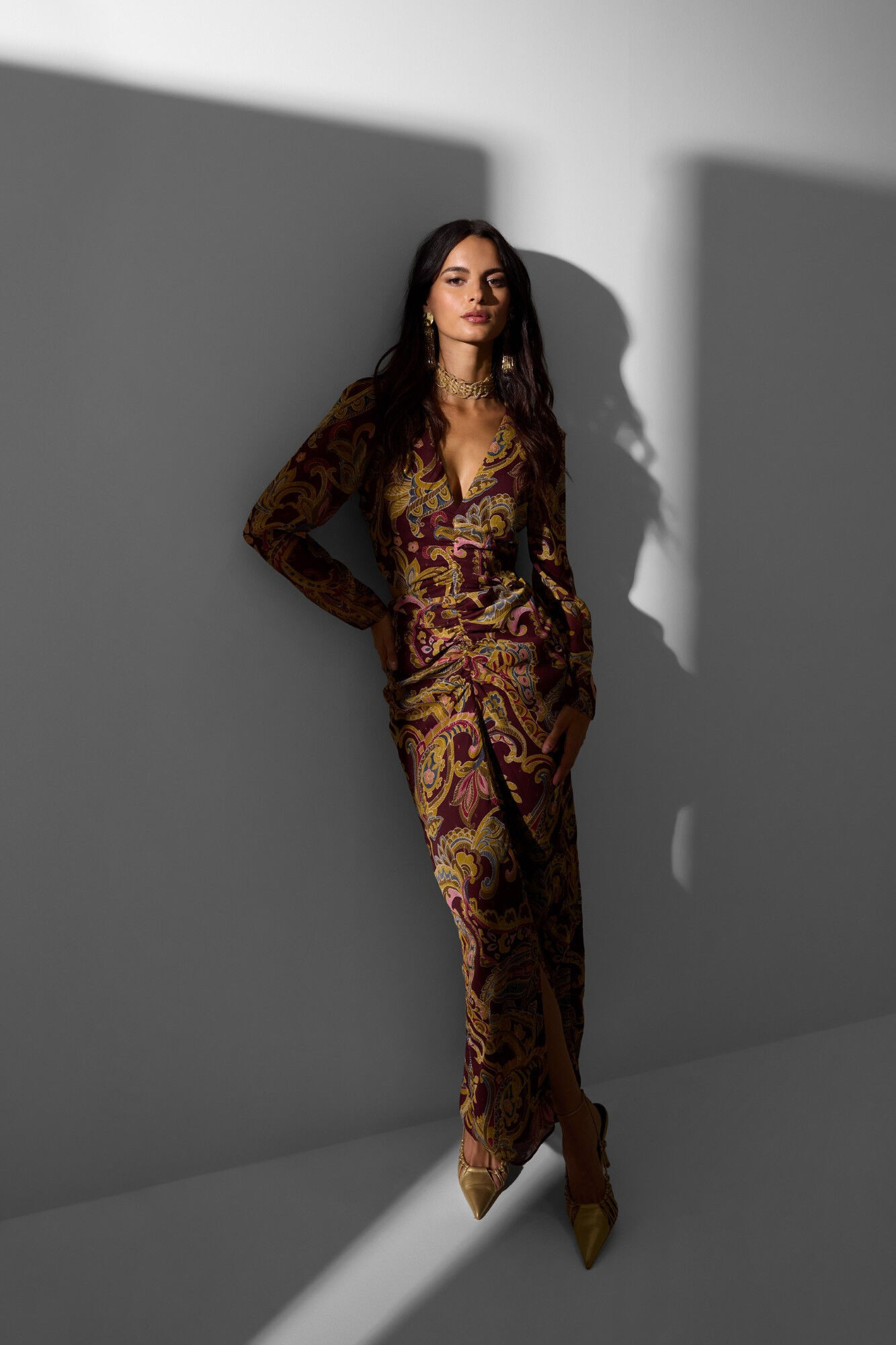 Silbon Vestido longo com fenda estampado em cashmere