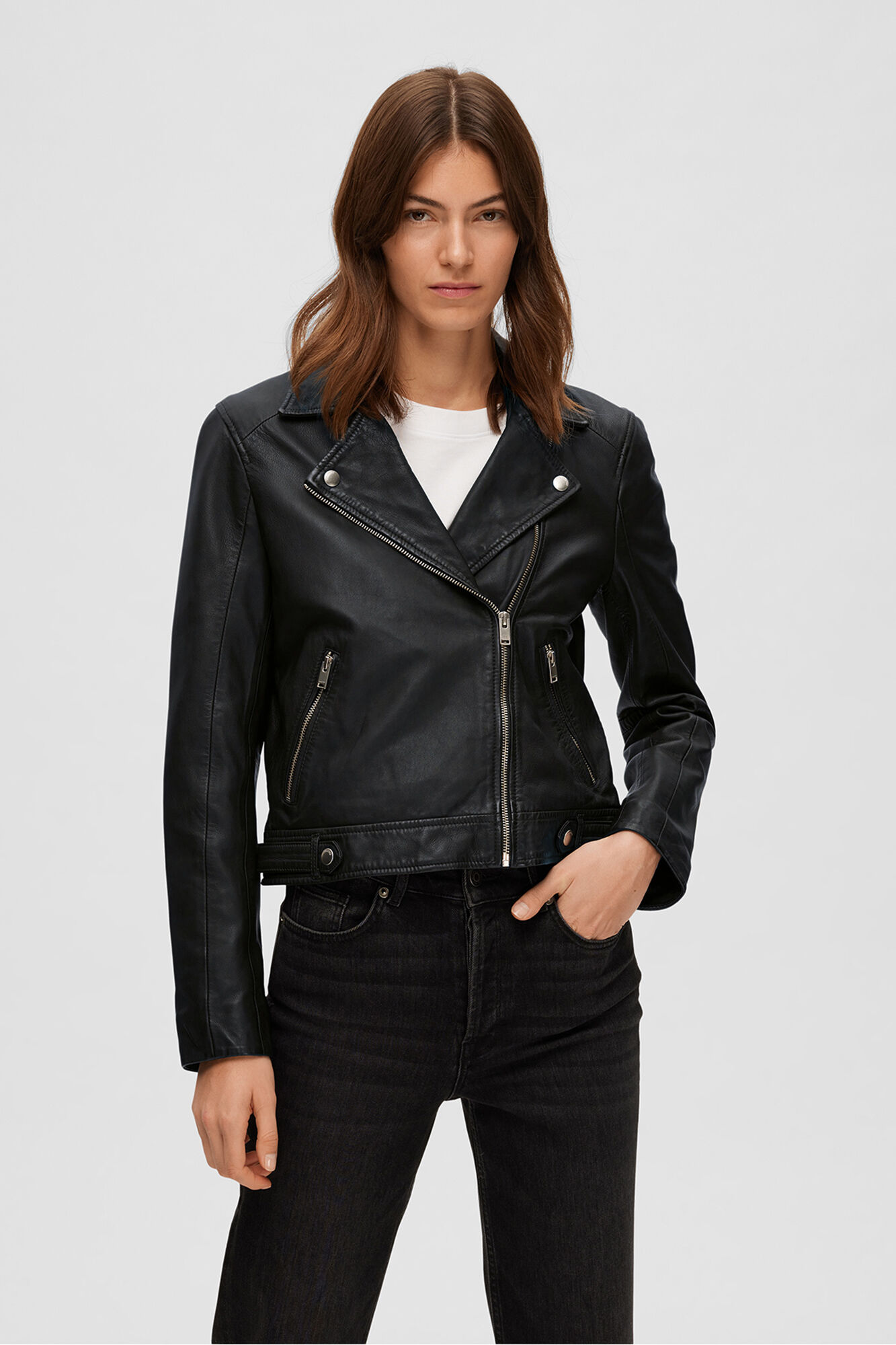 Selected 100% leather Cropped Biker Jacket . Black