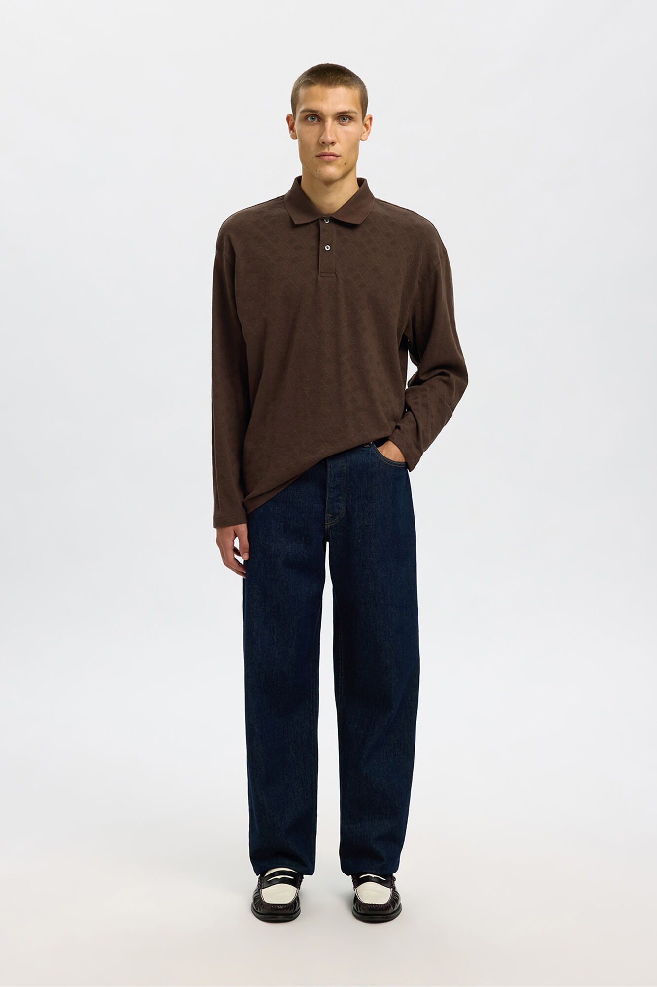 Selected Polo jacquard de manga manga 100% algod&atilde;o org&acirc;nico