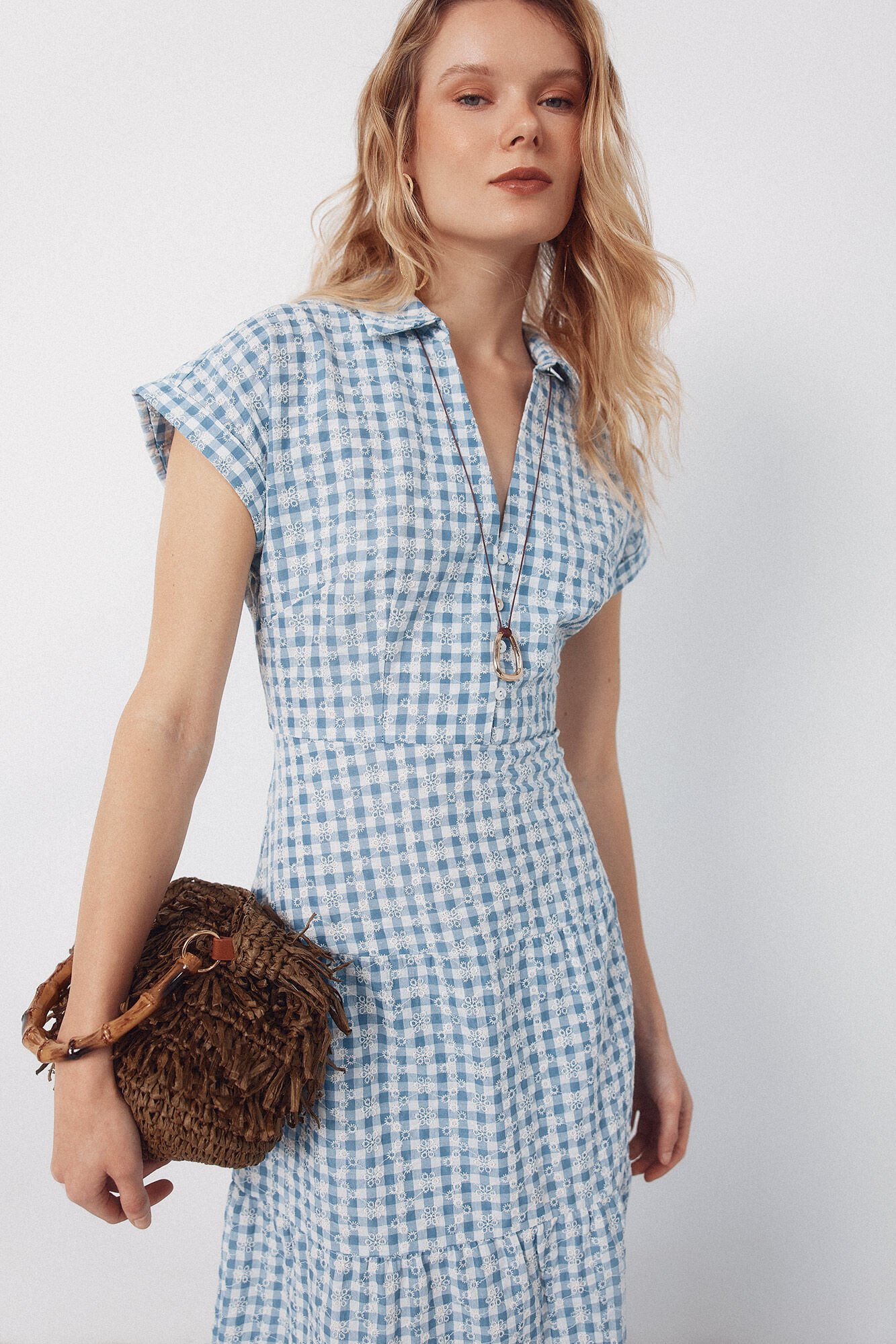 Cortefiel Vestido vichy bordado