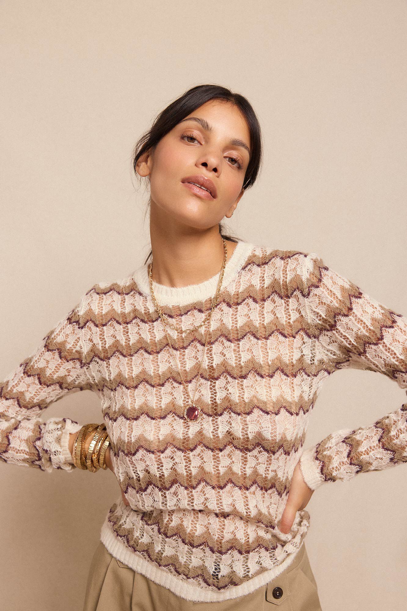 Slowlove Multicoloured openwork sweater Printed beige