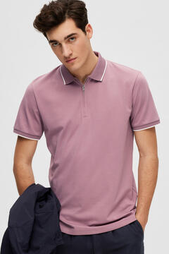 Cortefiel Short-sleeved zipped polo shirt in organic cotton. Lilac