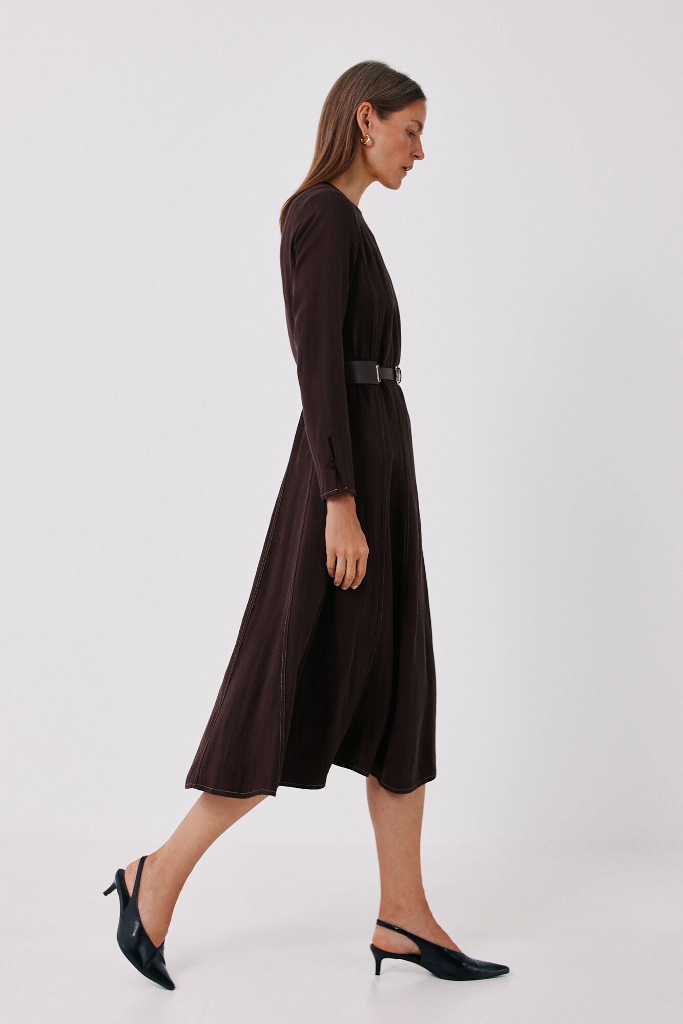 Cortefiel Long dress with seams Dark brown