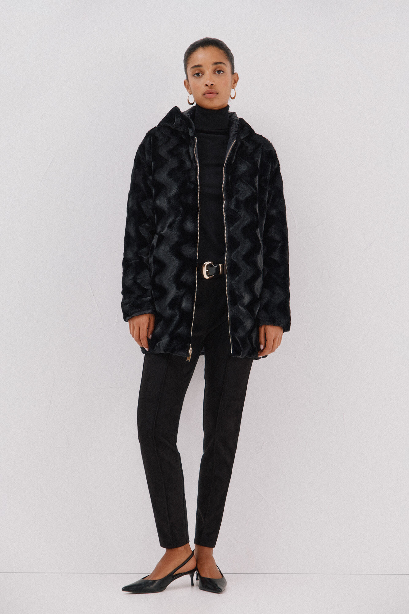 Cortefiel reversible quilted anorak with fur effect Black