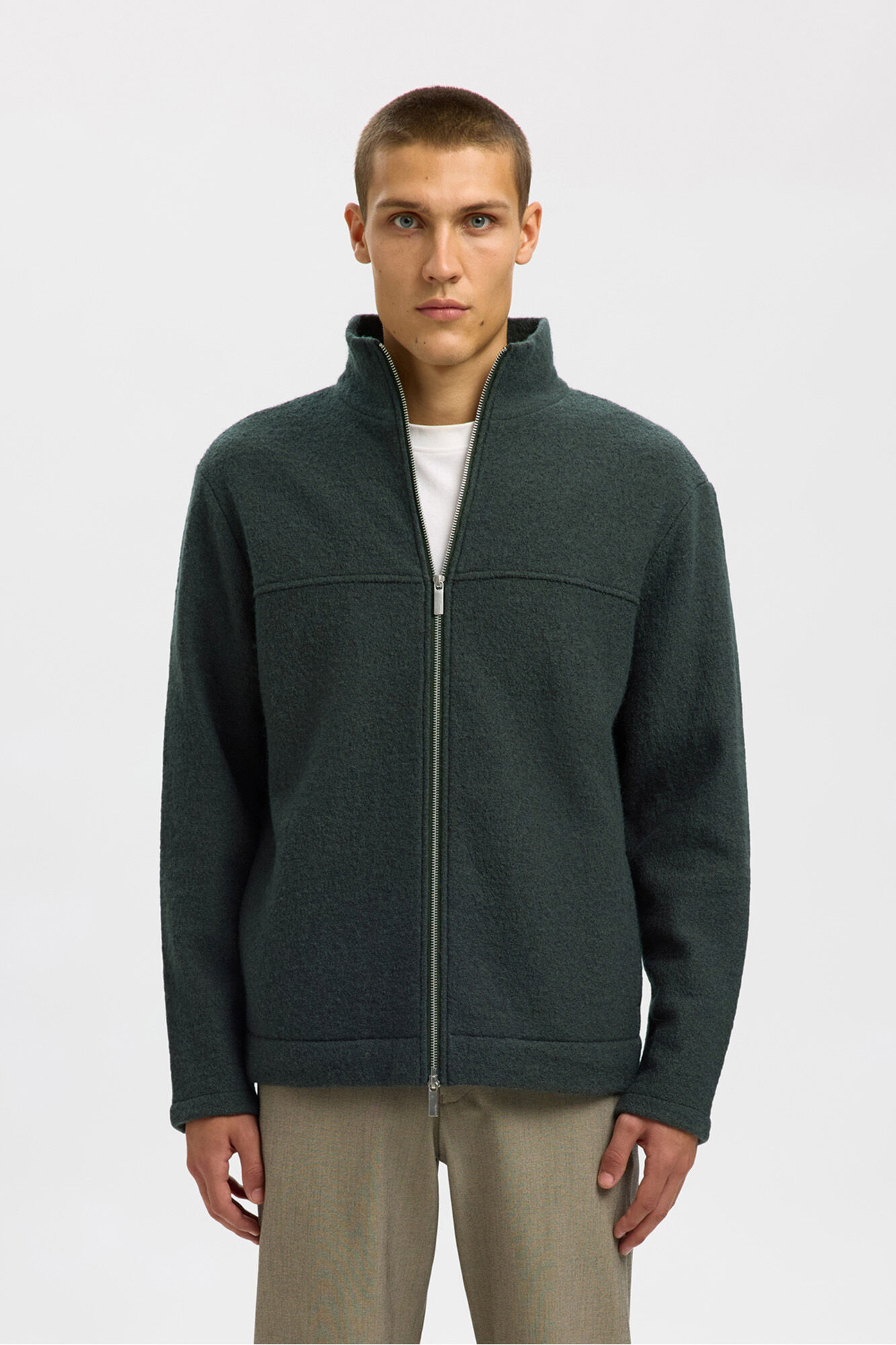 Selected Casaco de malha 100% l&atilde; com fecho-&eacute;clair Verde