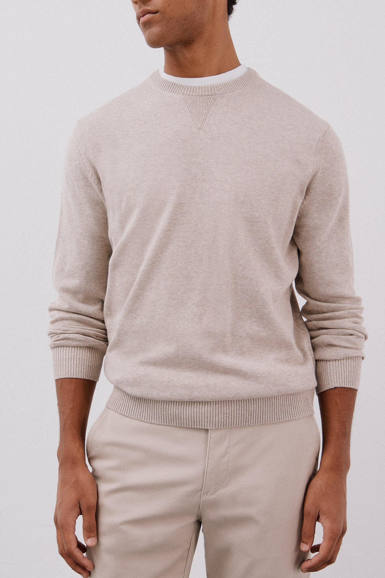 Cortefiel Fine knit cotton round neck jersey-knit  Beige