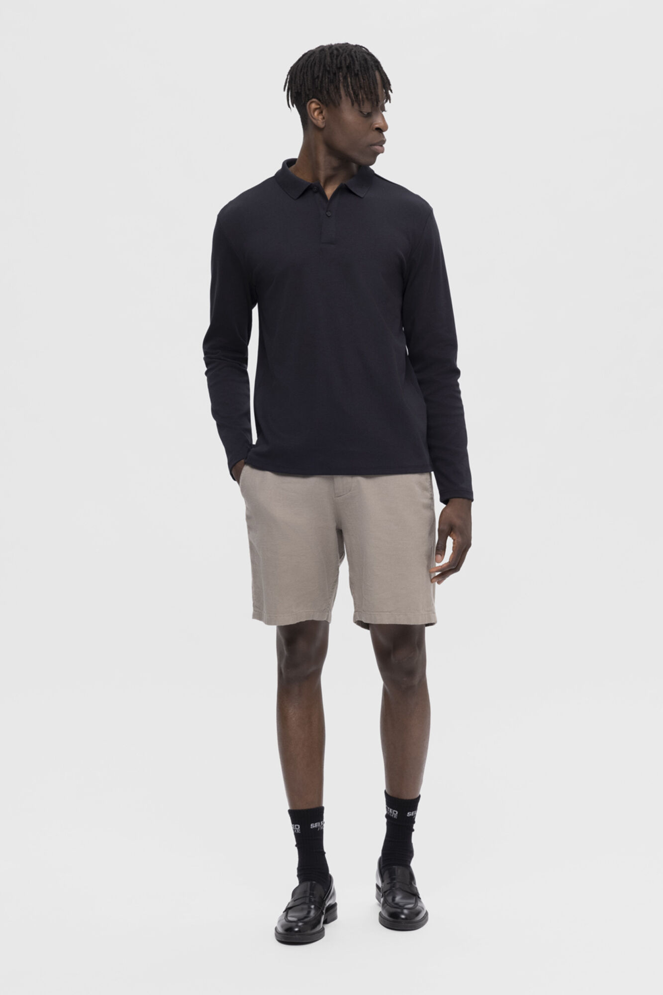 Selected Long-sleeved recycled cotton polo shirt Black